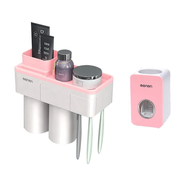 Pink 2 Cups A Магнитная Адсорбция перевернутый держатель зубной щетки с соковыжималкой зубной пасты с чашками для хранения ванной комнаты Набор аксессуаров для ванной комнаты - Цвет: Pink 2 Cups A