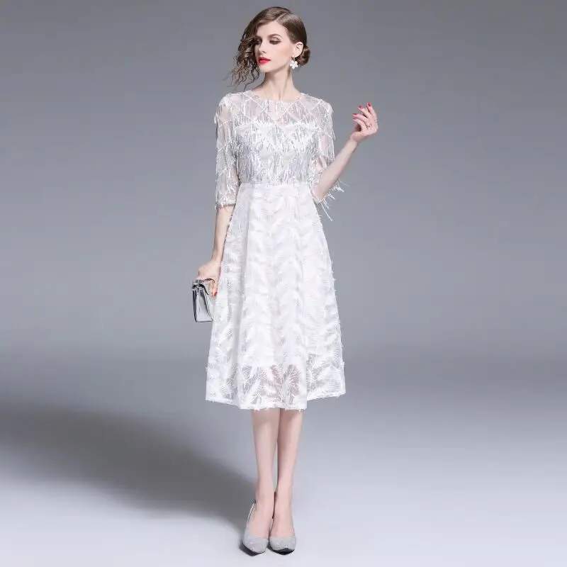 

2019 Summer French Fashion Slim Fit Tassel Diamonds Designer Midi Dress O Collar Party Dress Classy