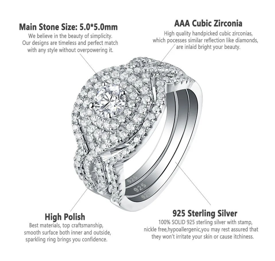 Newshe 3 шт 925 пробы серебряные обручальные кольца для женщин 2.1Ct AAA CZ обручальное кольцо набор классические ювелирные изделия Размер 5-12