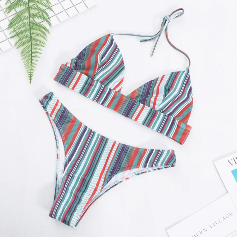 Бикини в полоску Женская бразильская одежда для купания треугольный купальник
