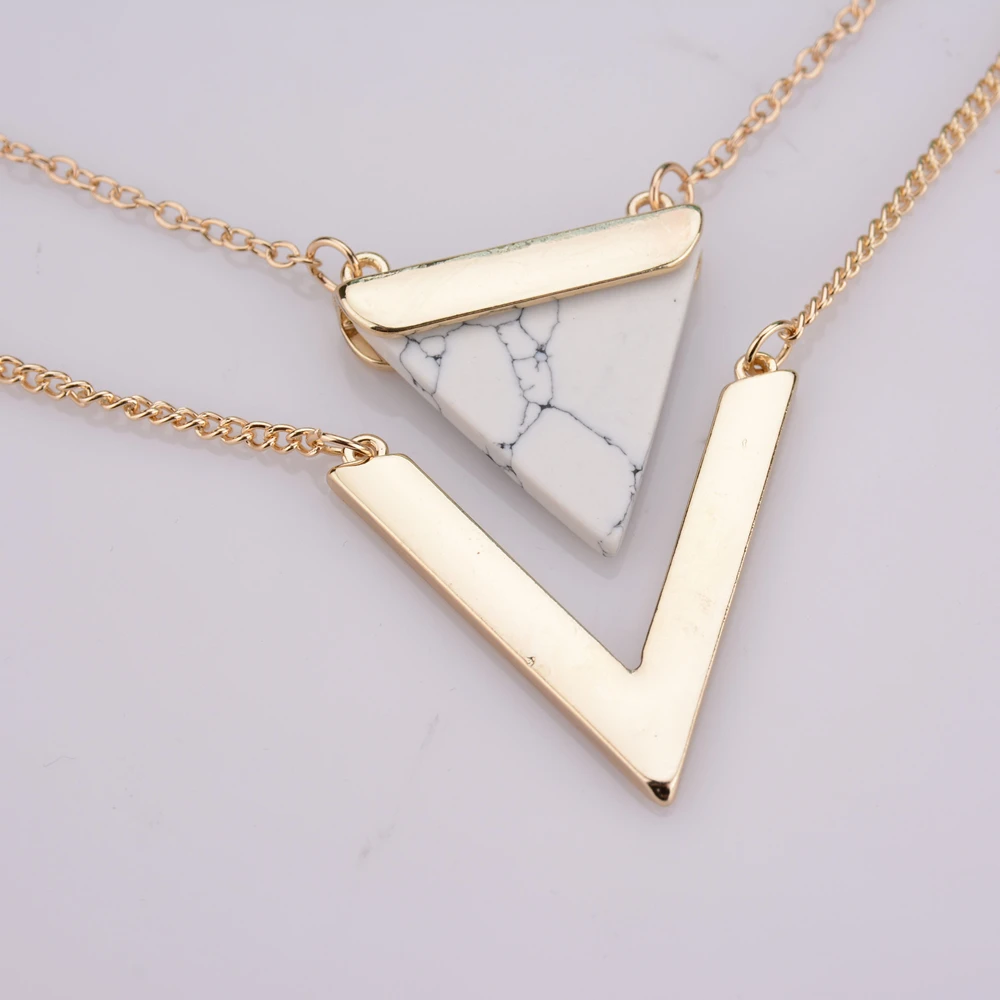 V Letter Shape Triangle Stone Double Layered Geometric Pair Pendant Necklaces Friendship Statement Necklace For Women Jewelry |