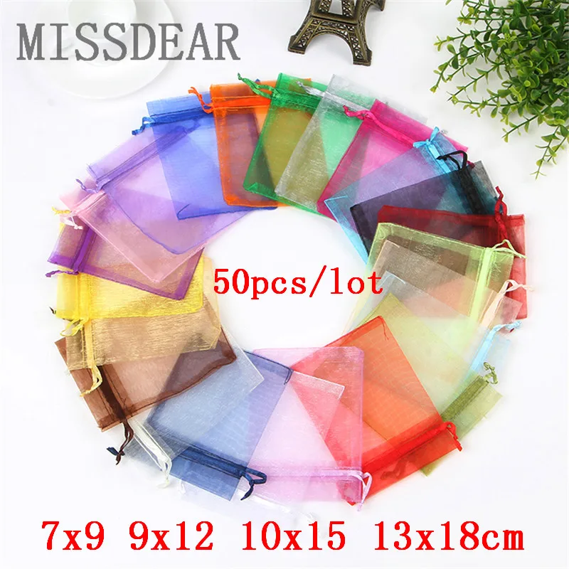 50pcs/lot 7x9 9x12 10x15 13x18cm Small Organza Bag Wedding Decoration Charms Jewelry Packaging Bags Drawstring Gift Pouches | Украшения и