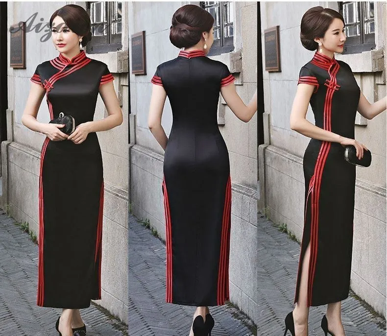 Черное винтажное платье Femme Slim Cheongsam Современные длинные платья Qi Pao женское традиционное китайское платье в восточном стиле халат Ципао