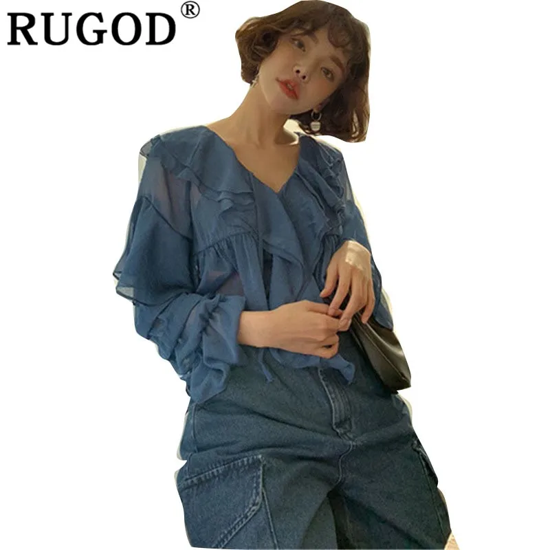 Женская шифоновая блузка RUGOD длинная офисная с v-образным вырезом весна 2019 |