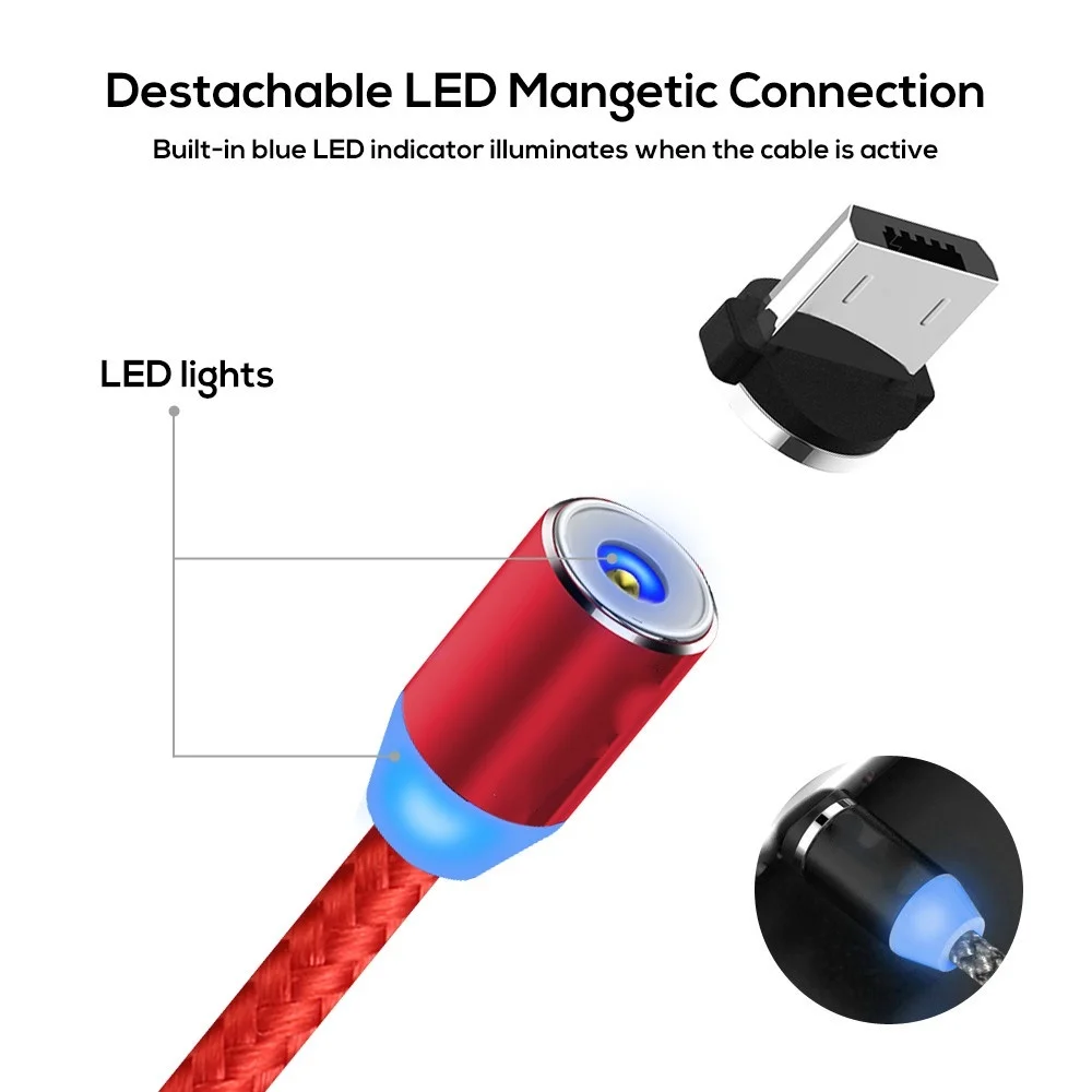 Магнитный кабель плетеный LED Type C Micro USB для быстрой зарядки Apple iphone X 7 8 6 Xs Max XR Samsung S8