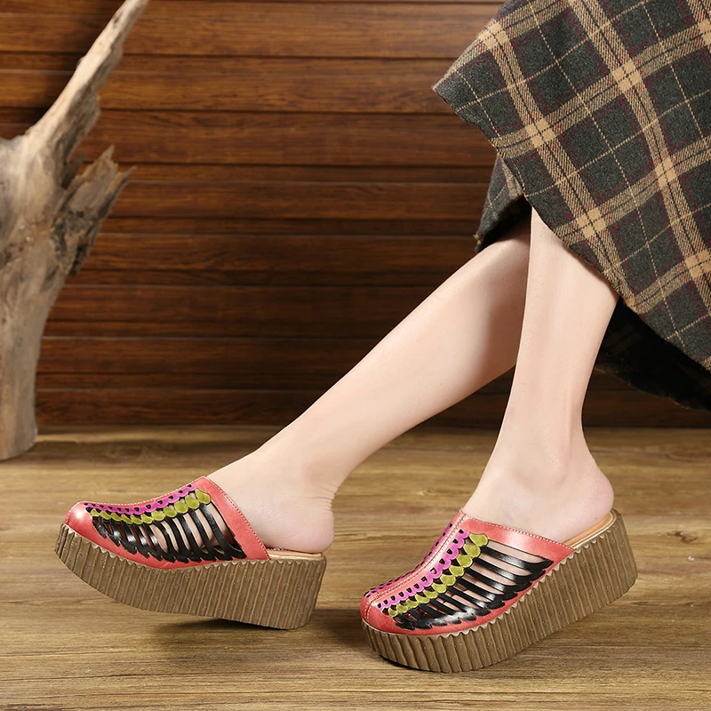 

2019 Summer Platform Wedges Slides Woman Shoes Closed Toes Hollow Out Handmade Thick Heels Genuine Leather Women Slippers