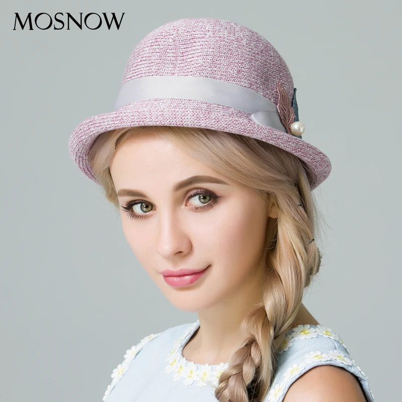 Женские соломенные шляпки элегантные летние с жемчугом и листом солнцезащитные