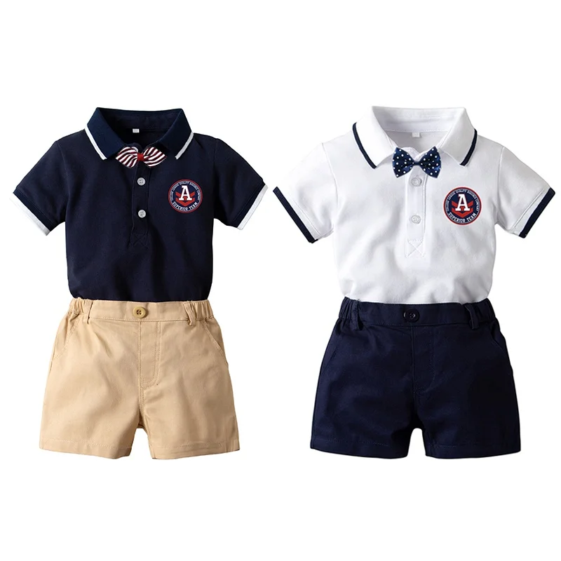 

Summer Cotton Gentleman Baby Boys Clothes Sets Short Sleeve Rompers +Shorts +Bow tie Shirt Rompers Pants