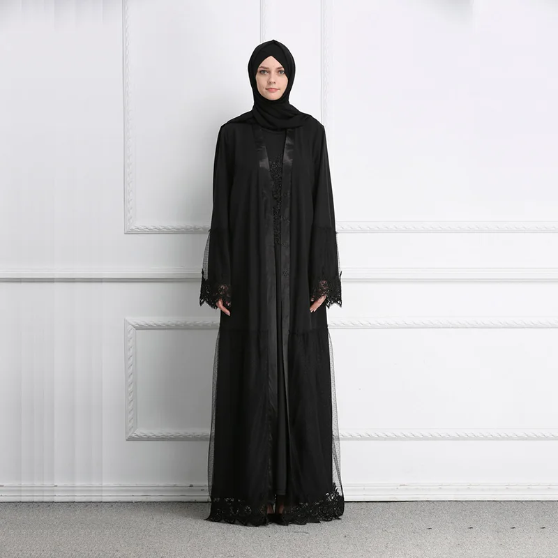 

Muslim Lace Abaya Grenadine Black Full Dresses Cardigan Kimono Long Robe Gowns Jubah Middle East Ramadan Arab Islamic Clothing