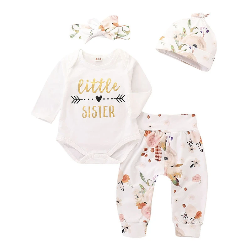 Baby Girl Fall Winter Clothes Set Warm Cotton Little Sister Long Sleeve Romper+Floral Pants+Headband+Hat 4PCS Outfit |
