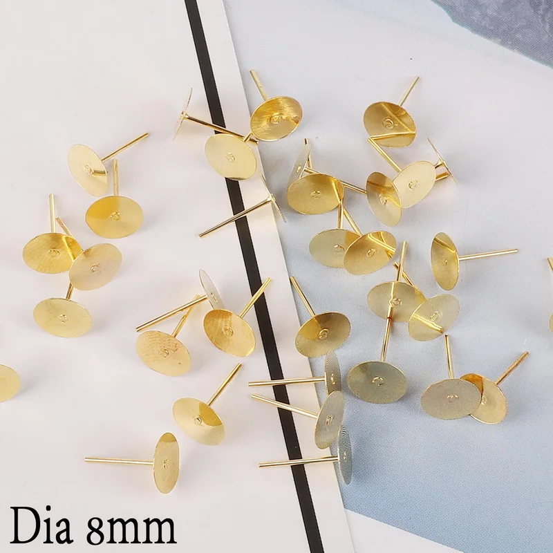 8mm 100pcs Gold 100 шт./лот 4/6/8 мм Серебристые/золотистые туфли на плоской подошве с круглым носком, Pad и серьги-гвоздики из плоское основание шпильки настройки DIY серьги ювелирных изделий Изготовление - Цвет: 8mm 100pcs Gold