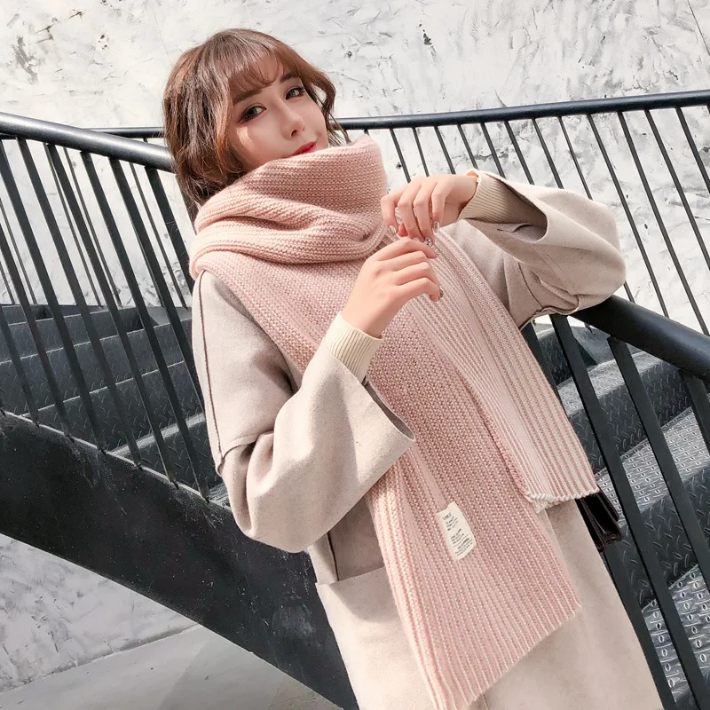 Зимний женский шерстяной вязаный шарф шаль теплый кашемировый мягкий однотонная