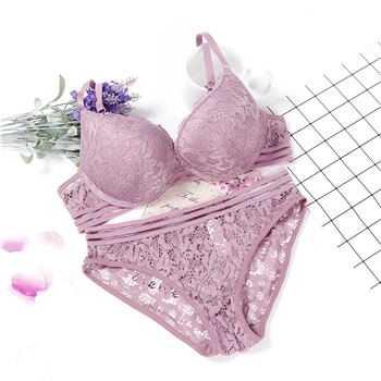 Фиолетовый Нижнее белье, пуш-ап, ансамбль, soutien gorge culotte, кружевное нижнее белье, lenceria ropa, внутренняя чашка AB размера плюс, сексуальный комплект без косточек - Цвет: Фиолетовый