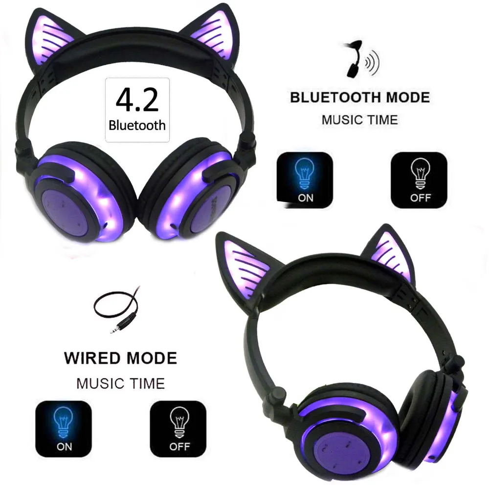 JINSERTA Bluetooth наушники кошачьими ушками беспроводные наушники микрофон мигающая светящаяся гарнитура w/светодиодный светильник для ПК ноутбука взрослых детей