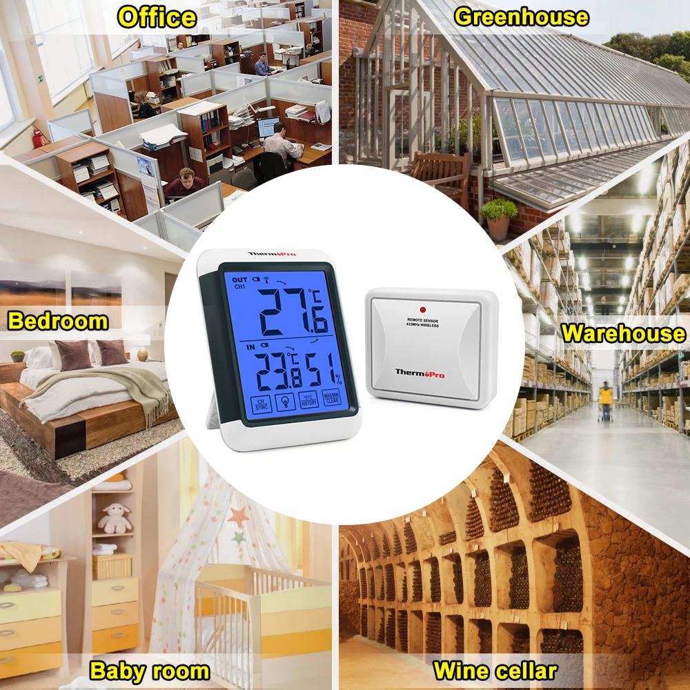 ThermoPro TP65S 60 м беспроводной термометр внутренний и наружный монитор влажности с большим сенсорным экраном