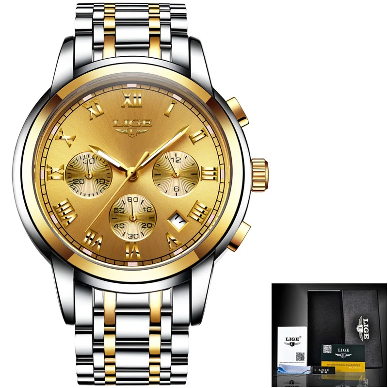 steel all gold LIGE модные брендовые мужские часы s многофункциональные водонепроницаемые кварцевые часы мужские военные спортивные наручные часы Мужские часы Relogio Masculino - Цвет: steel all gold