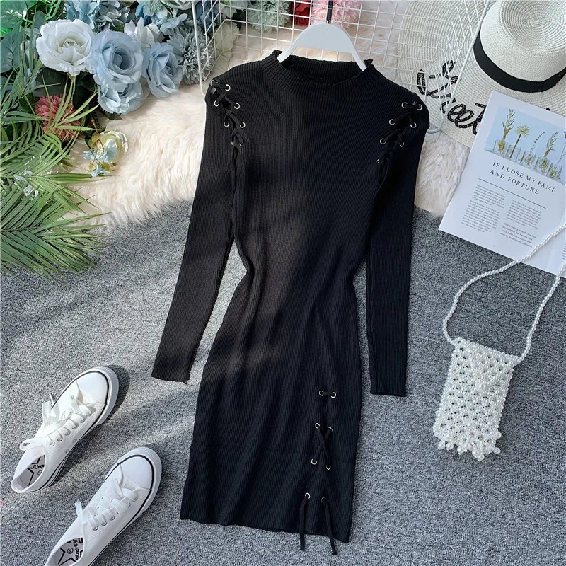 Новая модная тонкая Обувь На Шнуровке на осень и зиму Bodycon вязаный свитер Мини