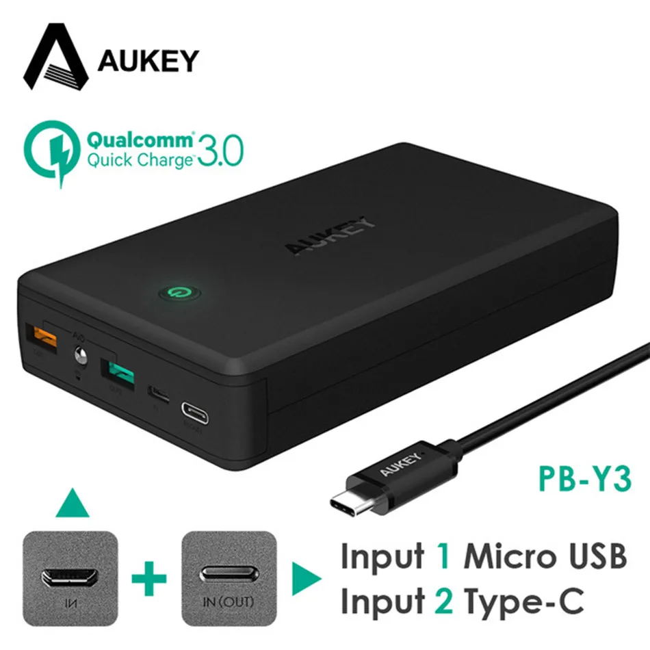 AUKEY мощность банк с Тип C вход и выход 30000 мАч Quick Charge 3 0 запасные аккумуляторы для