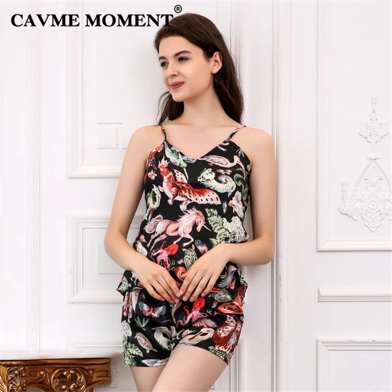 CAVME Pure Silk Pajama Sets for Women Ladies Spaghetti Strap Shorts 2 Pieces Pyama Set Femme Luxury Sleepwear Printed Homewear
