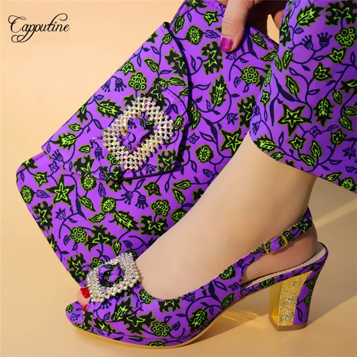 

Amazing wax design African women sandal shoes and handbag ladies purple pumps with bag for wedding/party A7628 height 9.3cm