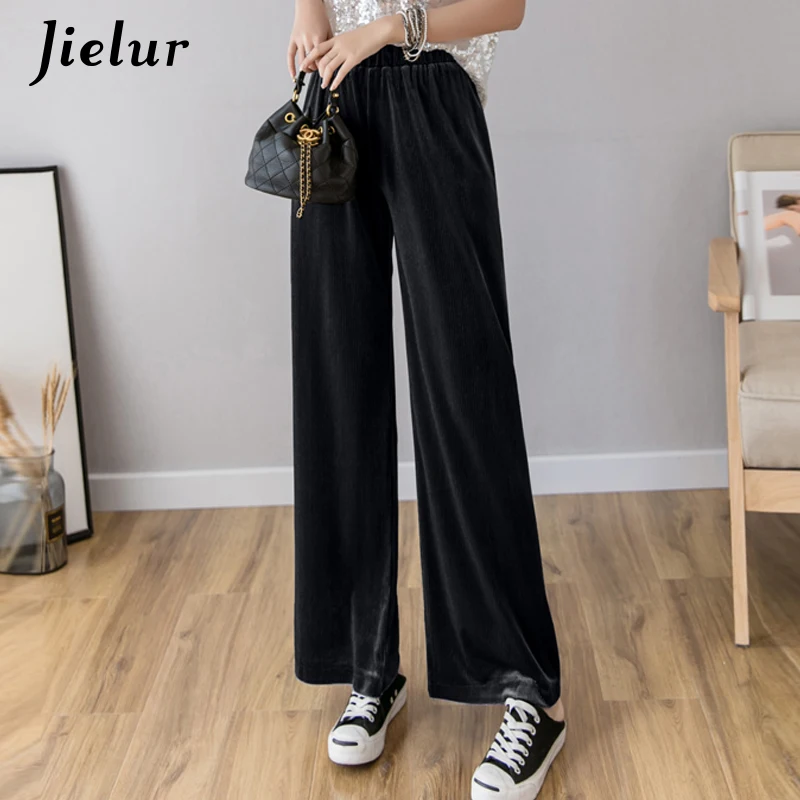 

Jielur Summer Wide Leg Pants 2020 New Fashion Long Leisure Harajuku Pants Women Black Pure Color Pantalon Mujer Pantalon Femme