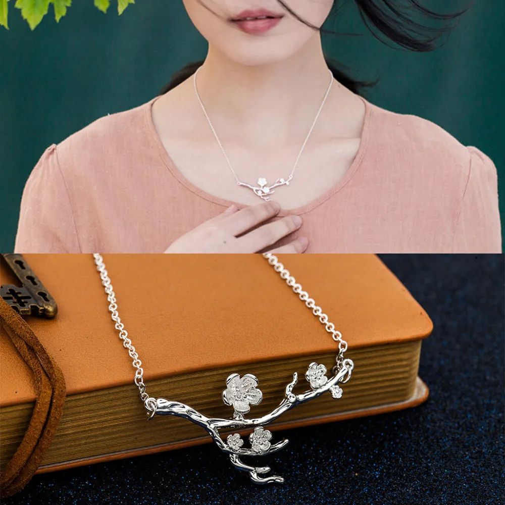 Серебряное покрытие вишни ветви дерева ожерелья ожерелье с подвеской в виде