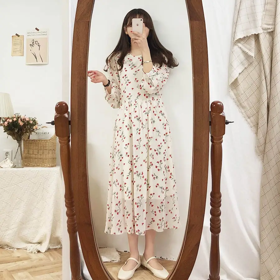 Новинка, S-XL, весеннее женское платье, повседневное, бохо, OL, повседневное, шифоновое, с принтом, с длинным рукавом, женское платье, Robe femme Vestido