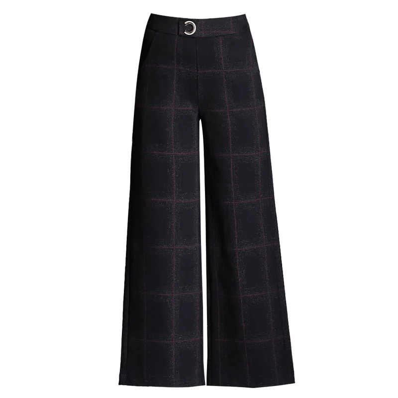 

High waist plaid woolen women's autumn and winter temperament elastic waist loose slim slimming nine points wide leg pants