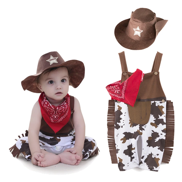 

Baby Boy Romper Costume Infant Cowboy Cosplay Halloween Purim Event Birthday Outfits Clothing Set 3pcs Hat+scarf+romper