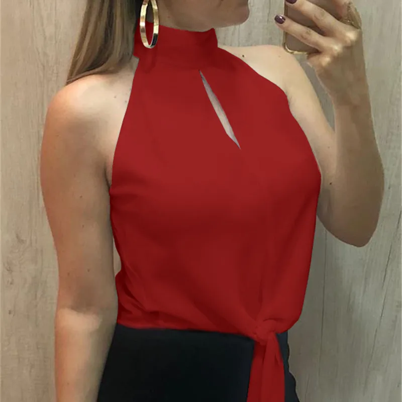 Повседневная женская шифоновая блузка с бантом рубашка без рукавов со стоячим