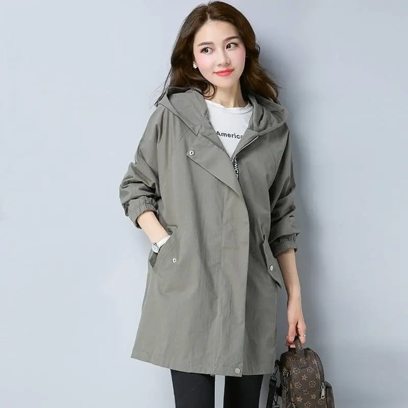 Gray Green Vangull Women Trench Coat Female Long Sleeve Thin Hooded Wind Coat Autumn New Plus Size Loose Zipper Adjust Waist Outerwear - Цвет: Gray Green