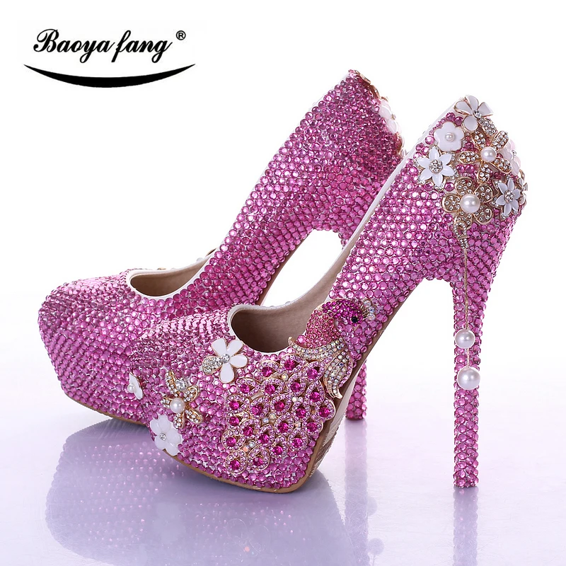 BaoYaFang/Роскошные Брендовые женские свадебные туфли с кристаллами Fuschia Туфли на