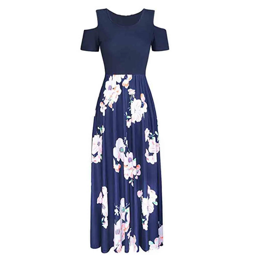 Women Cold Shoulder summer dress Pocket Floral Print Elegant Maxi Short Sleeve Casual dresses woman party night vestidos verano | Женская