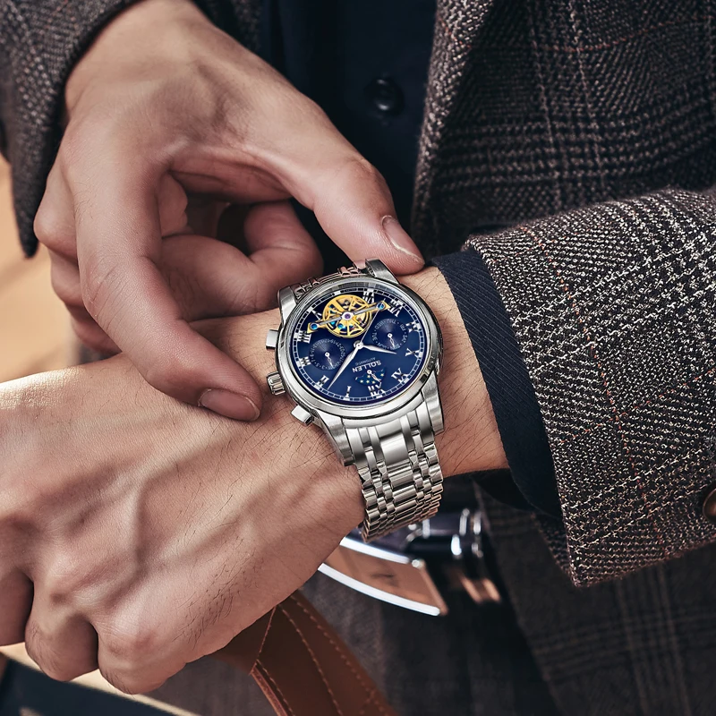 SOLLEN Скелет Tourbillon фазы Луны часы Нержавеющая сталь Водонепроницаемый светящиеся