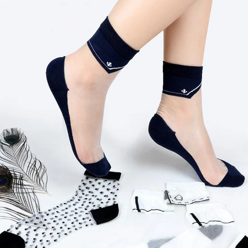 Women's Transparent Printing Socks Anti-silk Wear-resistant Thin Crystal Tube Sock Glass Silk Flowers | Женская одежда