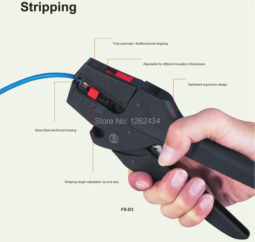 

FS-D3 For stripping the plastic or rubber insulation of the single, multiple cables and wires of 0.08-2.5mm2