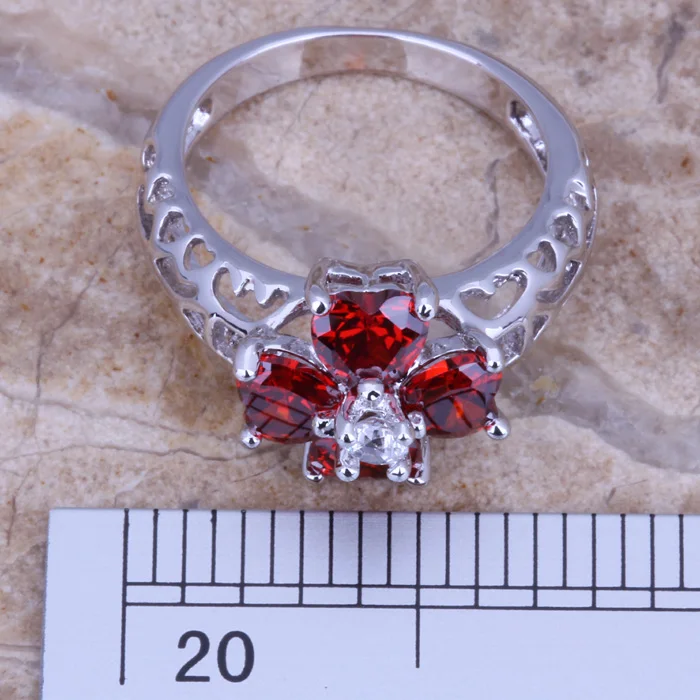 Цветок красный гранат Белый CZ посеребренное кольцо Размер 6/7/8 D891 | Украшения и