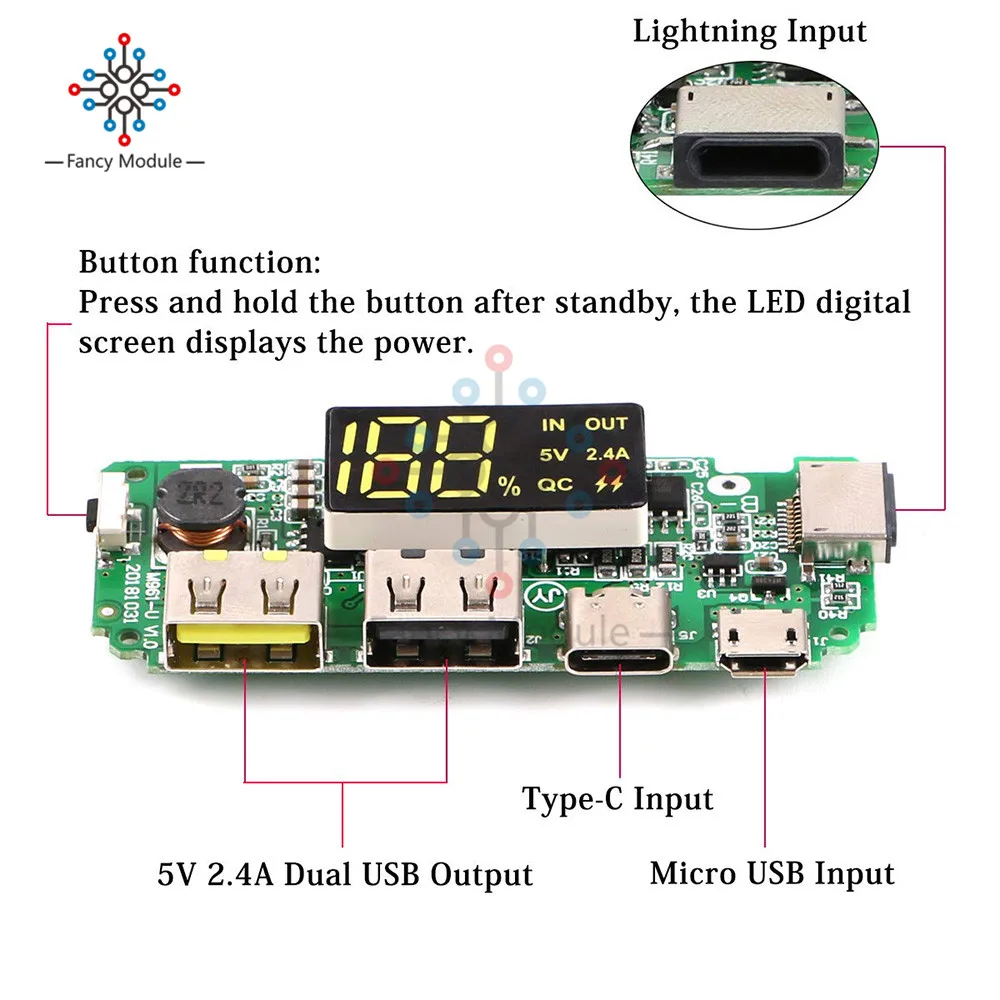 Светодиодный внешний аккумулятор Micro/type-C/Lightning с двумя портами USB 5 В 18650 A, зарядное устройство, защита от перезаряда и короткого замыкания