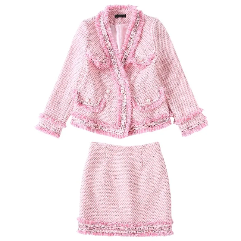 Брендовый роскошный женский розовый твидовый комплект модный пиджак с бахромой