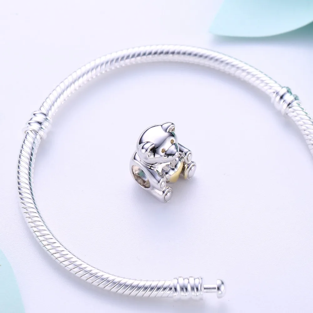 Видео! Золотое сердце Медведь Тедди 925 Стерлинговое серебро бусины шармы