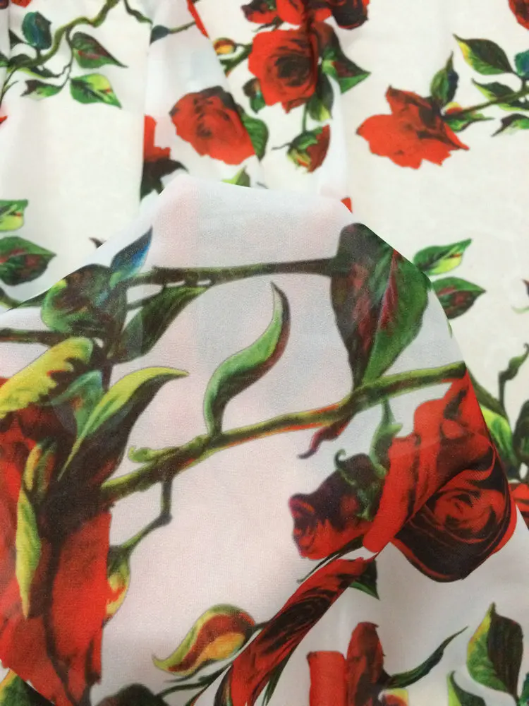 red rose flowers print silk chiffon fabric soft thin for dress long beach clothing tissue | Дом и сад