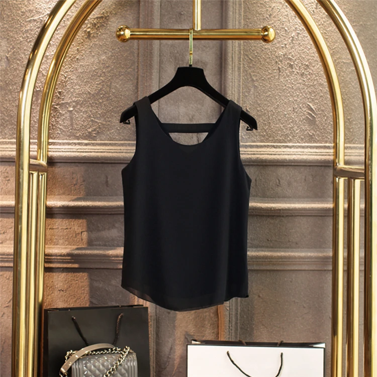 Black Banerdanni, женские топы, новинка, летние сексуальные женские блузки без рукавов с v-образным вырезом размера плюс 4XL, облегающие шифоновые рубашки - Цвет: Black