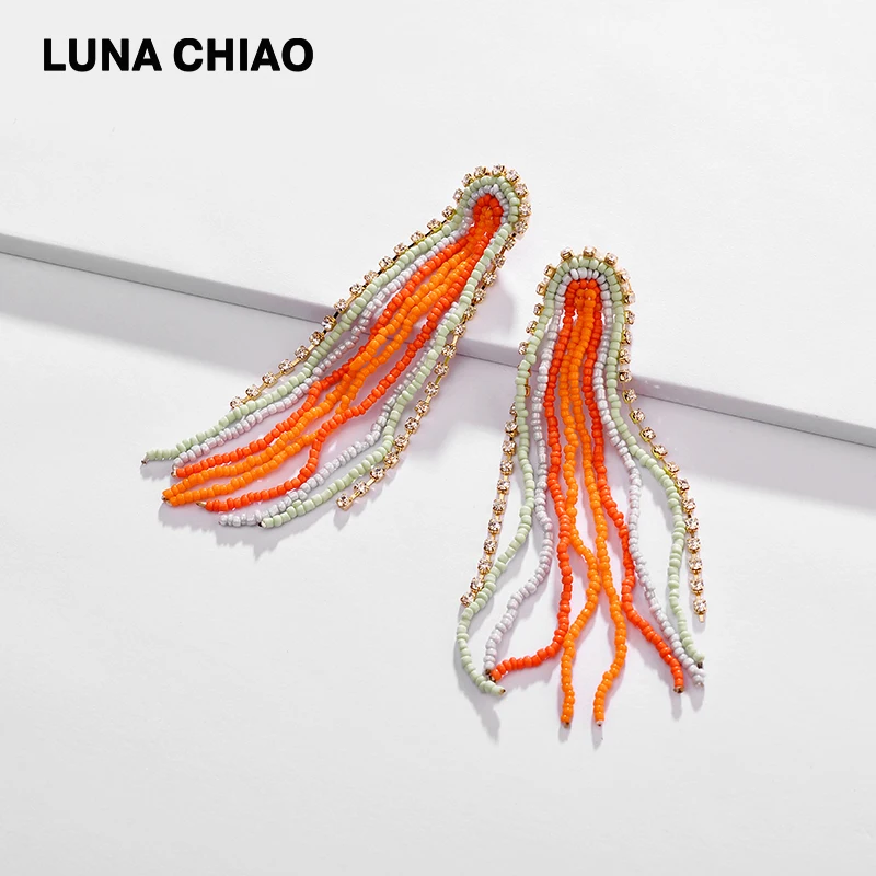 Женские богемные серьги подвески LUNA CHIAO длинные висячие с бусинами в ювелирном