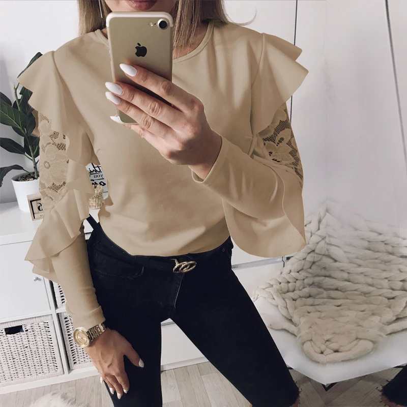 Элегантная кружевная блузка с рюшами женская модная круглым вырезом и длинным