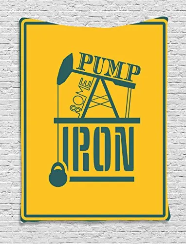 Fitness Tapestry Pump Some Iron Quote in Vintage Frame Oil Power Lifting Weight Icons Wall Hanging for Bedroom Living Room | Дом и сад