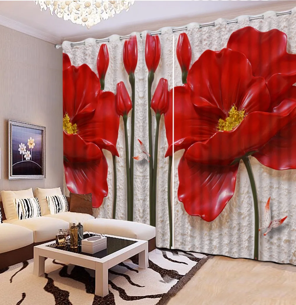 

3D Curtain Photo Customize Size Embossed Red Flowers Curtains For Bedroom Curtains For Living Room Blackout Shade Window