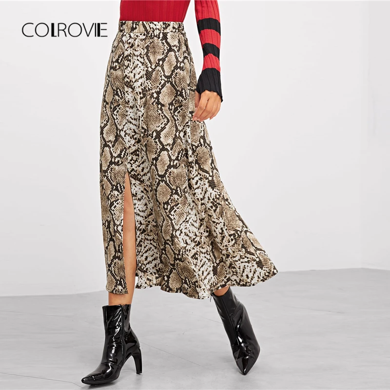 COLROVIE, разноцветная, змеиная кожа, с принтом, с разрезом, повседневная женская юбка, осень, уличная, трапециевидная, офисная, для девушек, элегантная, длинная, юбки
