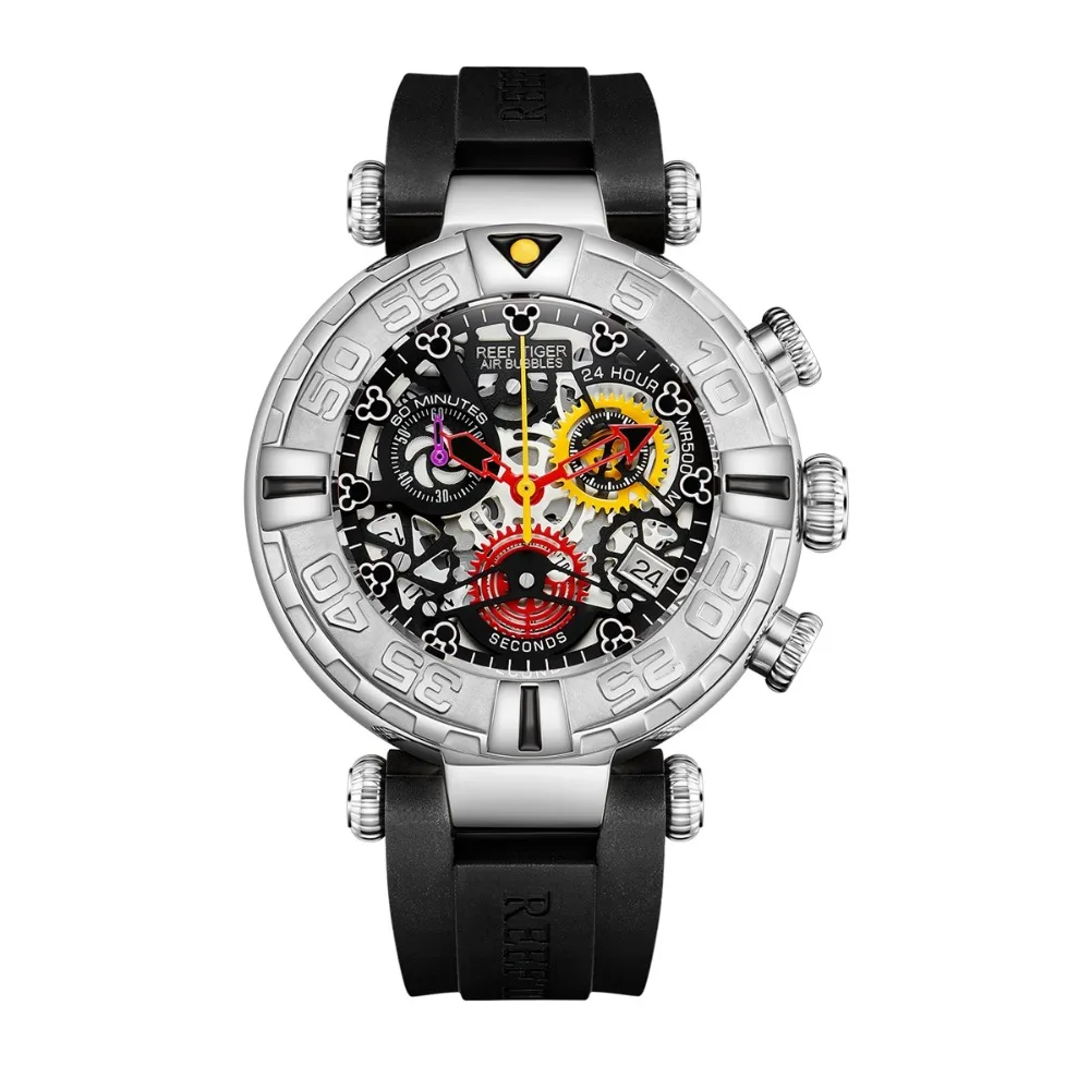 Reef Tiger RGA3059-S мужские спортивные Chronograp модные 10 бар водонепроницаемые Skelet кварцевые наручные часы с резиновым ремешком для часов