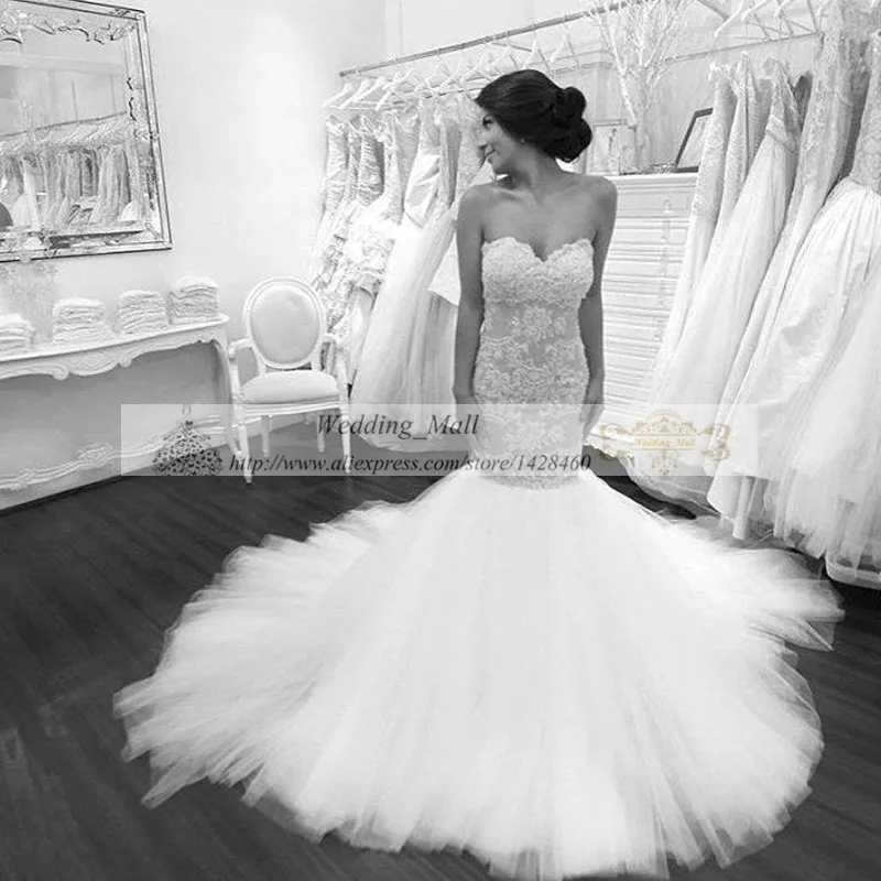Русалка Свадебные Платья 2017 Без Бретелек Тюль Белый Высокое Качество Кружева