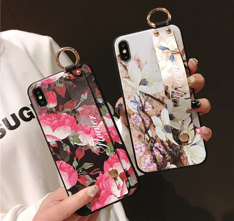 3D Рельефный цветочный чехол для iPhone 7 8 6 6s plus X Xs max XR металлическое кольцо ремешок
